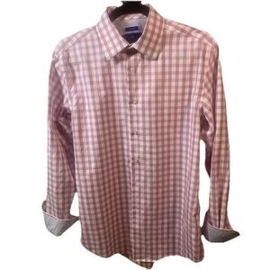 Ergara Mens Slim Fit Gingham Flip Cuff Non-Iron Button Down Shirt Medium
